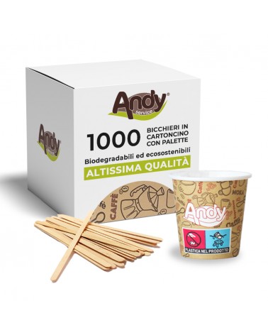 Kit Completo 1000 Bicchierini in Cartoncino Avana 75 ml+1000 Palettine in Legno di Betulla