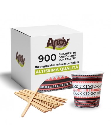 900 Bicchierini in Cartoncino per Caffè Grandi 90 ml+900 Palettine in Legno di Betulla imbustate singolarmente