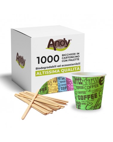 1000 Bicchierini Caffè Cartoncino Biodegradabili + 1000 Palettine Caffè in Legno di Betulla Biodegradabili. Colori Assortiti